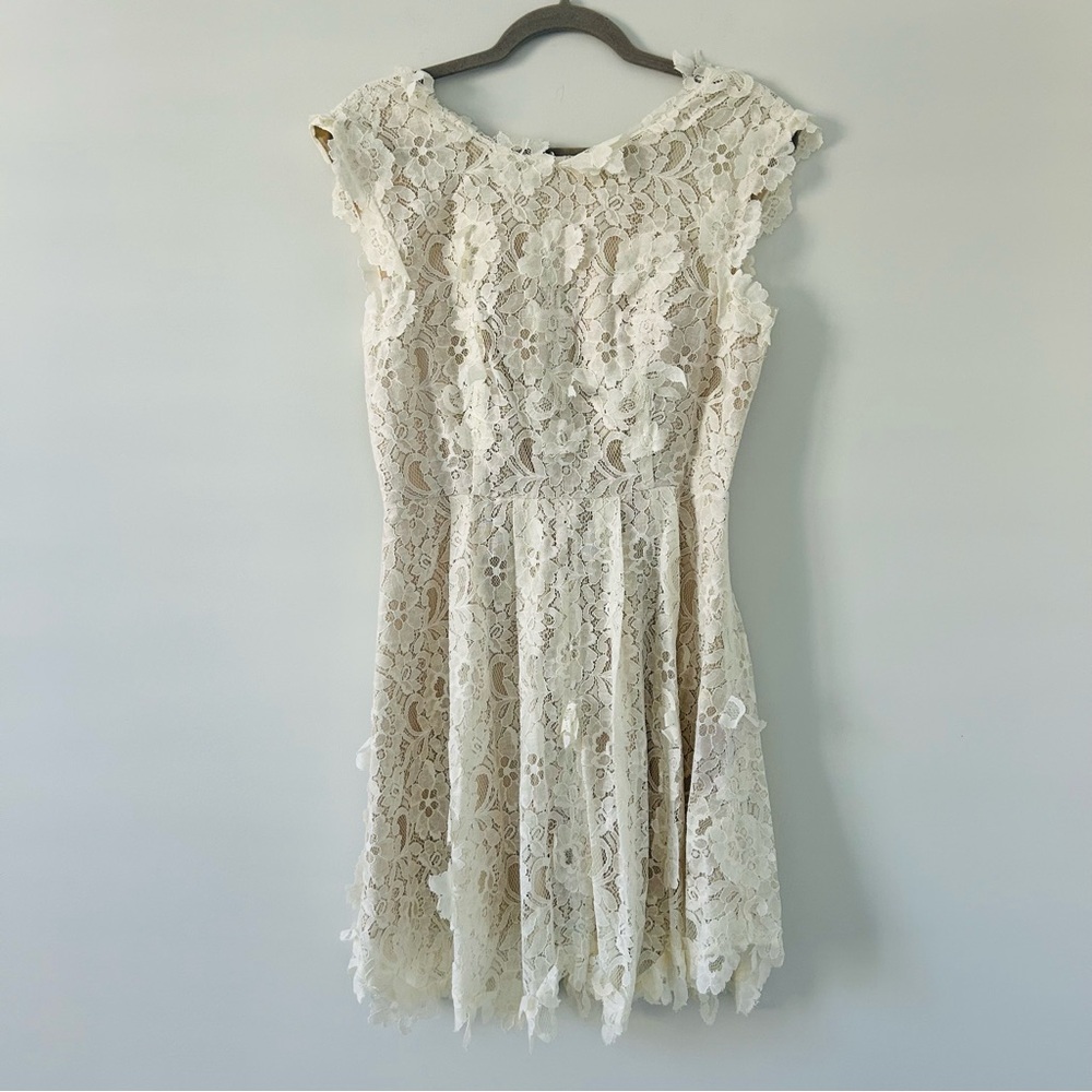 ASOS Off White All Lace Floral Appliqué Cap Sleeve A Line V Back Mini Dress 8